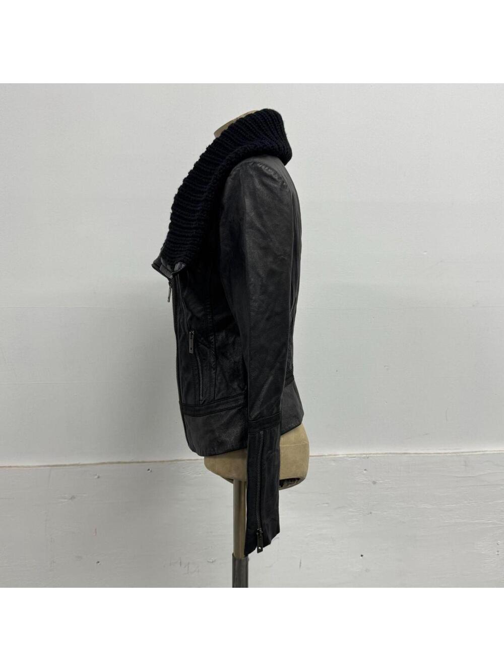 Vintage Black Funnel Neck Knit Collar Avant Garde Leather Jacket - Picture 5 of 7
